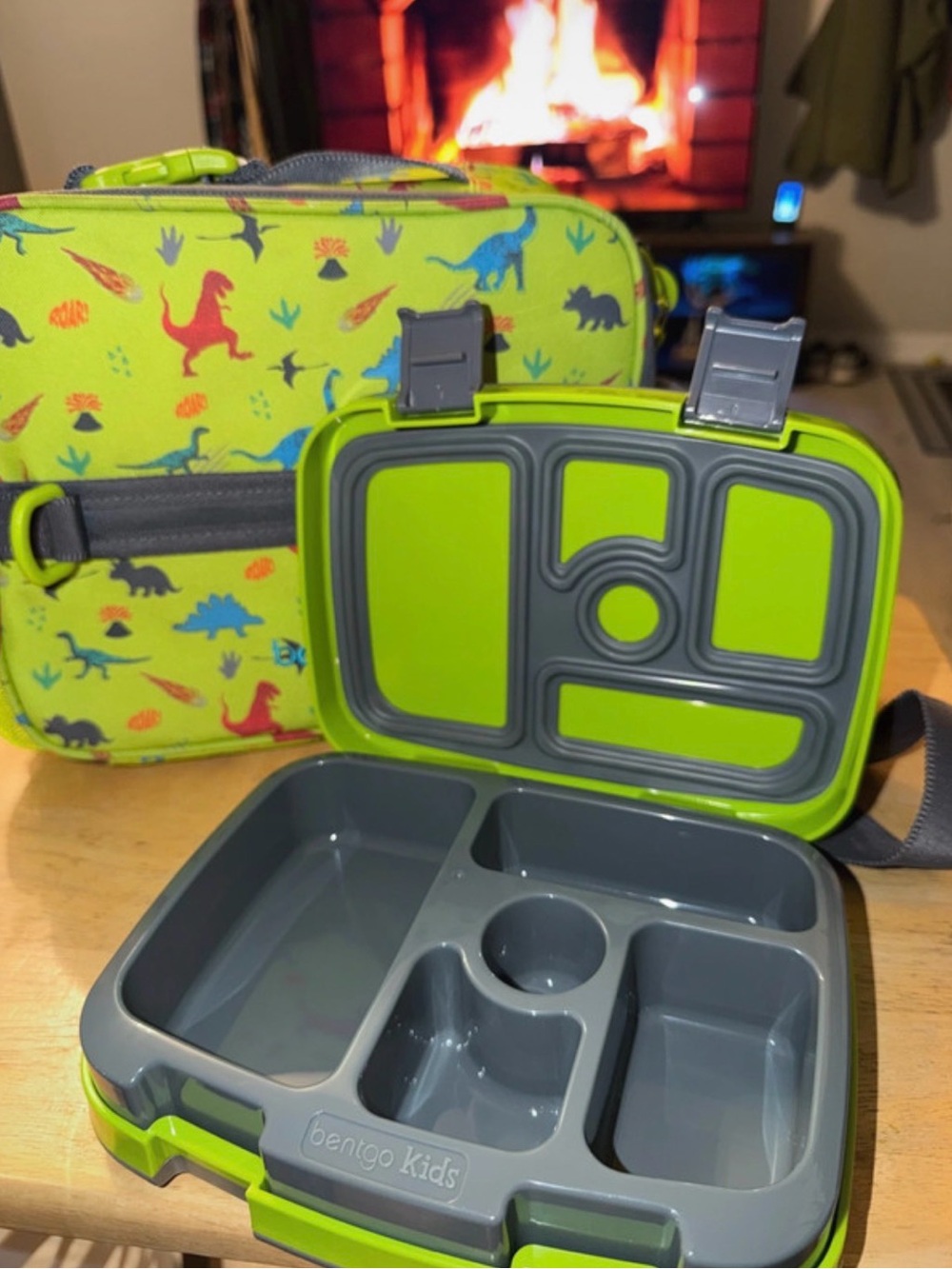 Kids Bento Lunch Box & Matching Dino Lunch Bag - Lime Green & Gray